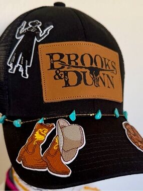 Upcycled Brooks & Dunn Black Trucker Hat with Turquoise Bead Detail